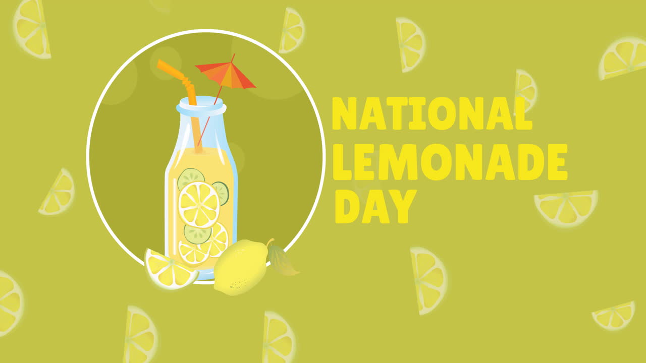 오렌지색 배경에 있는 국가 레모네이드 날 텍스트와 레모네이드 아이콘의 애니메이션