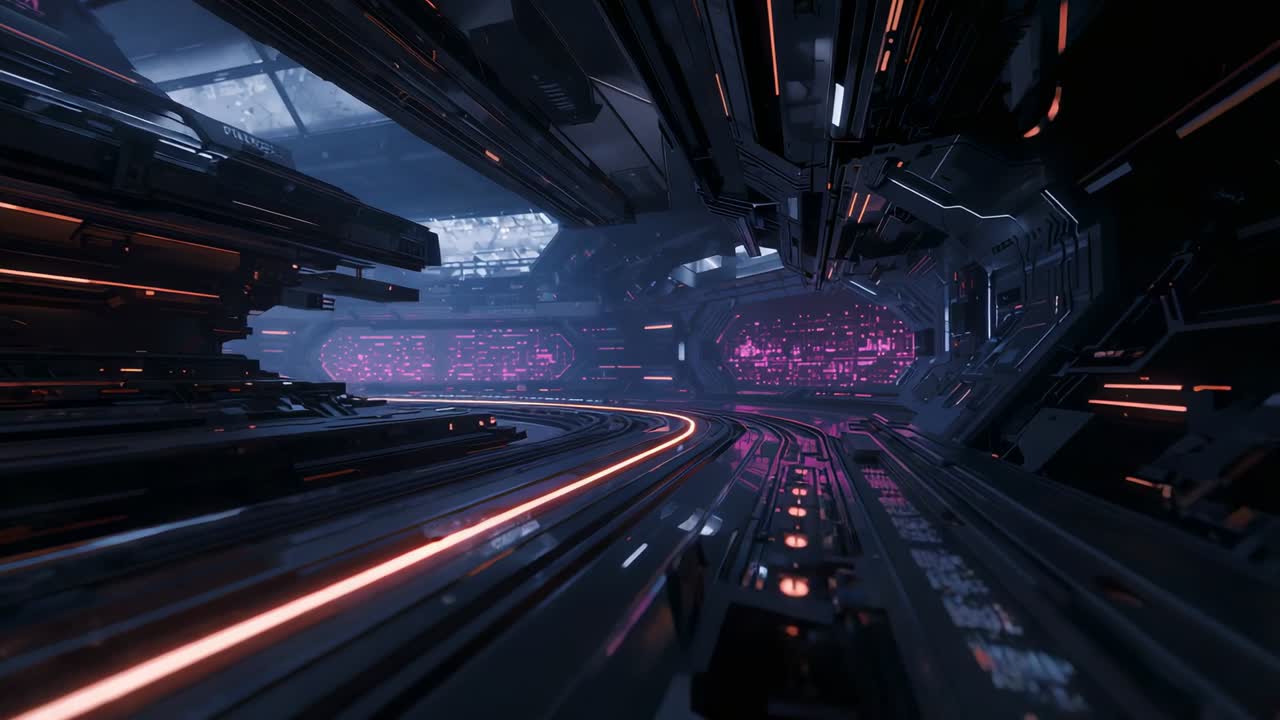 POV con angolazione della camera bassa che si muove attraverso il tubo di transito mostrando binari arancioni, pannelli magenta e nodi luminosi