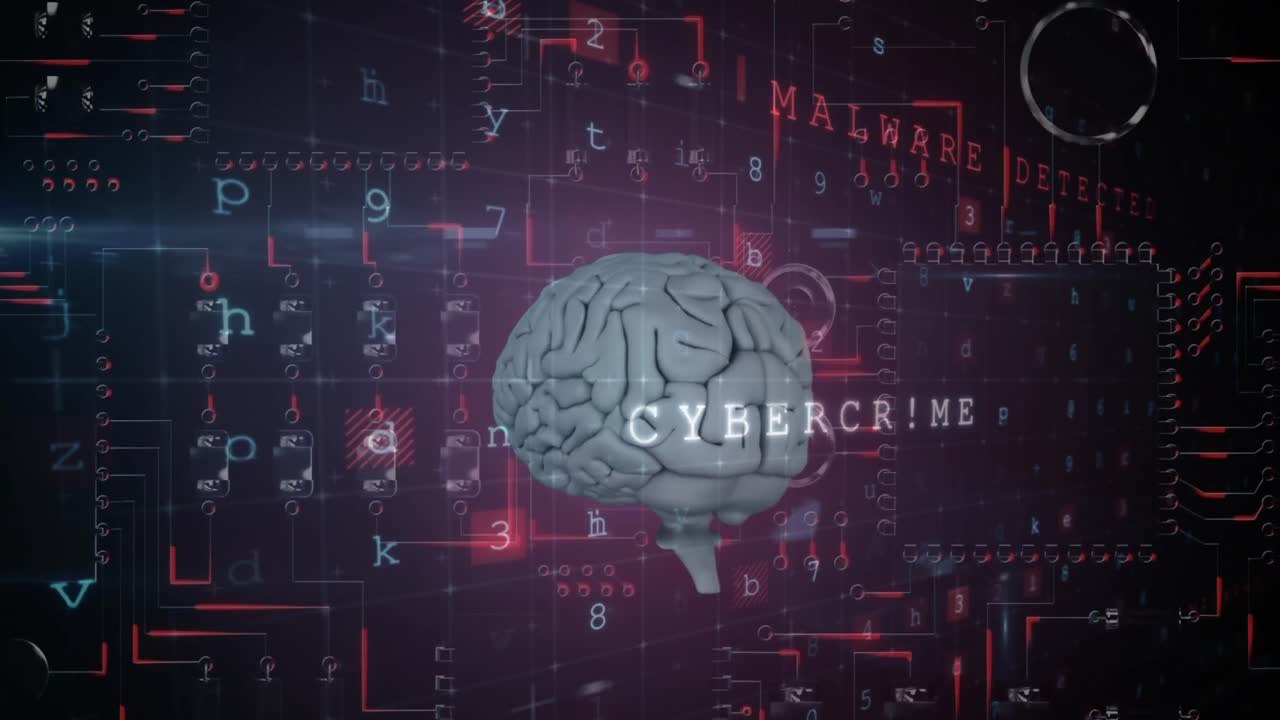 Animation of human brain and data processing over black background