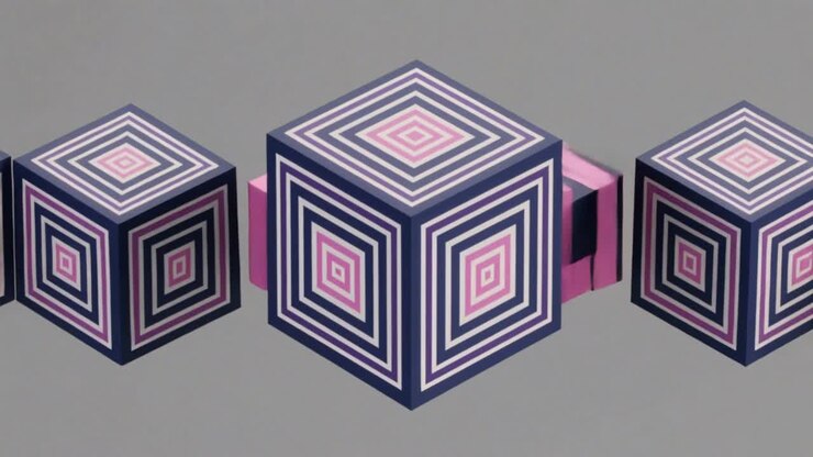 Starting play, navy cube scaling, revealing concentric squares at gray backdrop, emphasizing motif