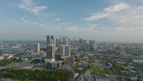 Aerial-panoramic-view-of-large-city.-Group-of-contemporary-tall-buildings-on-waterfront-at-twilight.-Miami,-USA