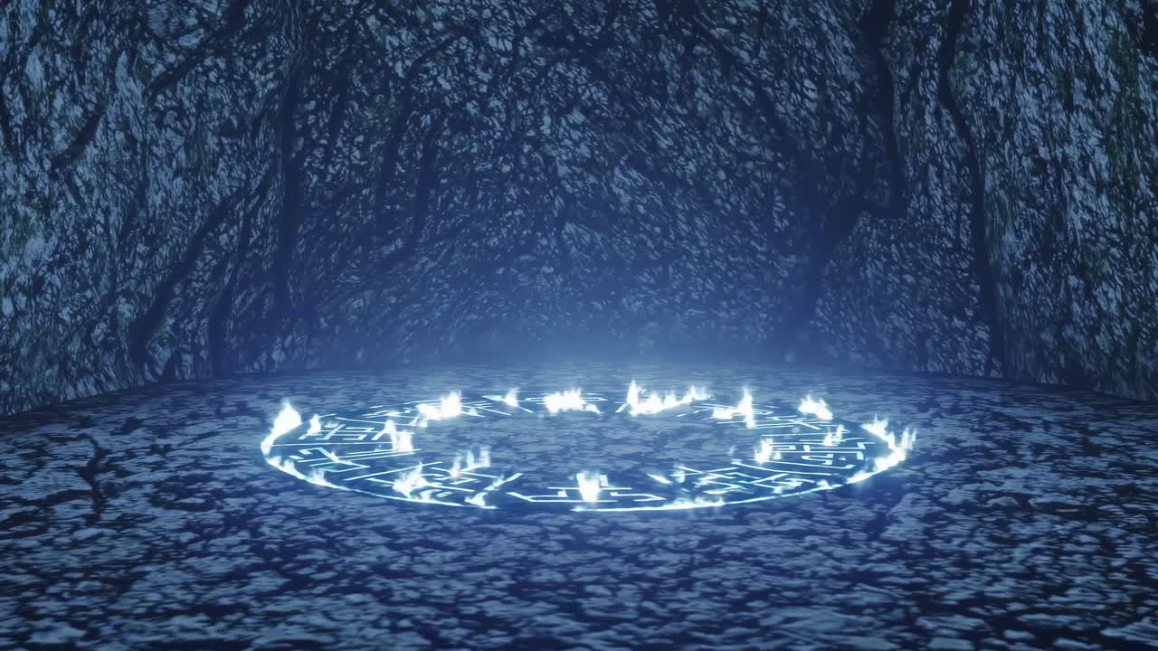 Eine mystische Videoaufnahme aus einem niedrigen Winkel eines leuchtenden blauen Runenkreises auf einem dunklen Höhlenboden.