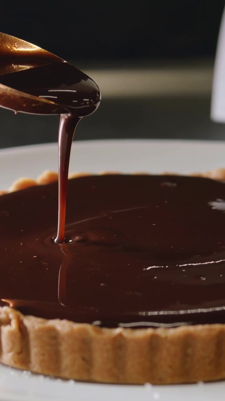 Vertical video: Pouring spoon lowering glossy ganache into tart shell in kitchen, smoothing surface