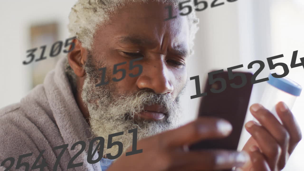 Elderly man concentrating on smartphone with animation of floating numbers