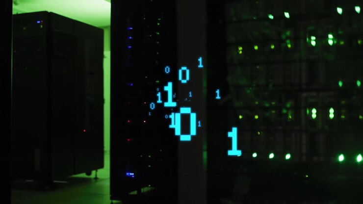 Animation of binary coding data processing over computer servers