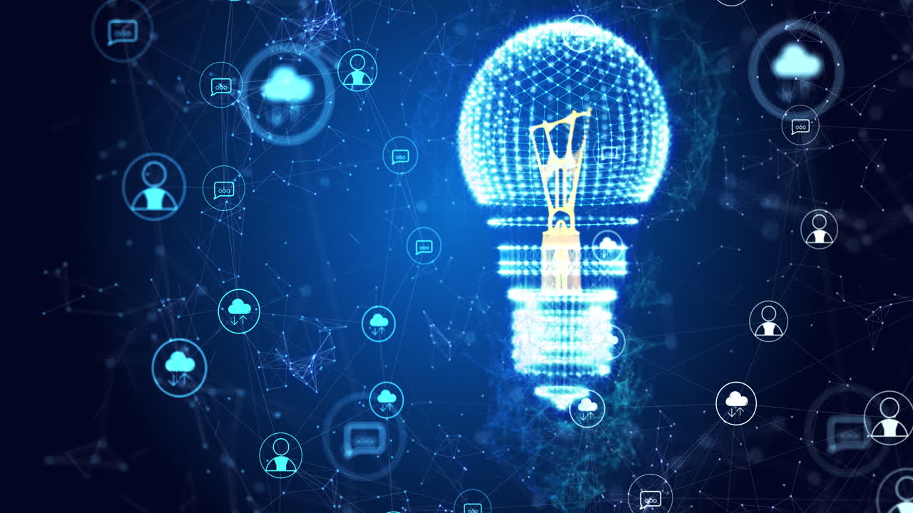 Animation of light bulb spinning with network of connections on blue background