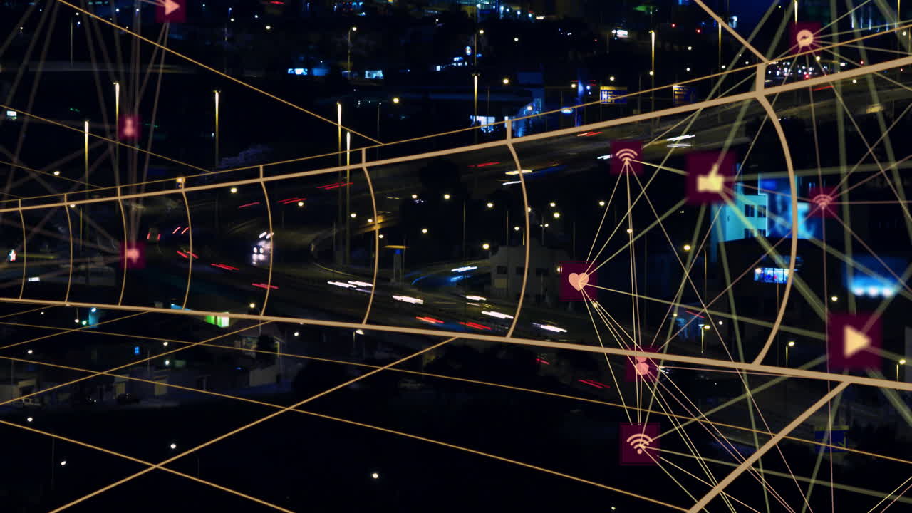 Network of connections and data processing animation over cityscape at night