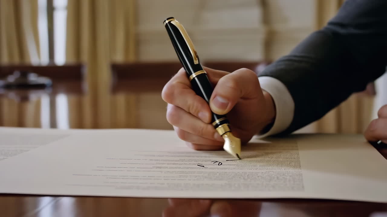 Close-up of a Hand Signing a Document with a Fountain Pen