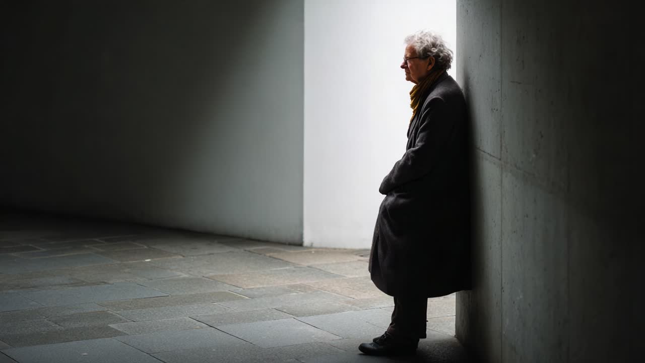 A Thoughtful Elderly Man in Contemplation, Leaning Against a Wall in a Minimalist, Dimly Lit Space, Capturing Moments of Solitude and Reflection