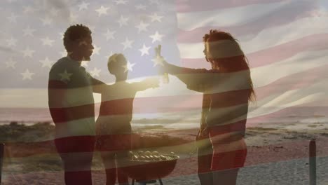 Animation-of-waving-usa-flag-over-group-of-diverse-friends-on-the-beach
