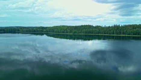 Eine-Sanfte-Aufnahme-Eines-Ruhigen-Sees-In-Der-Nähe-Einer-Großen-Grünen-Waldlandschaft-Bei-Bewölktem-Wetter