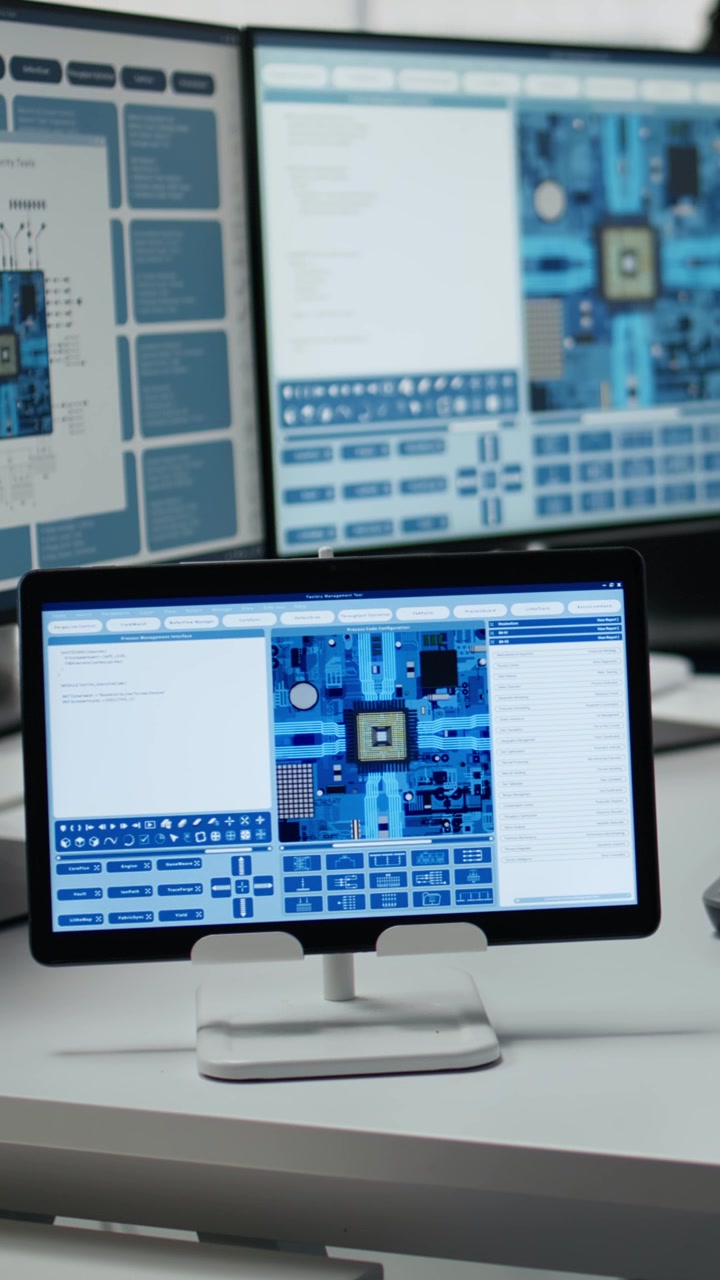 Video verticale: Tecnico che esamina le operazioni di produzione di microchip utilizzando dispositivi all'interno della fabbrica