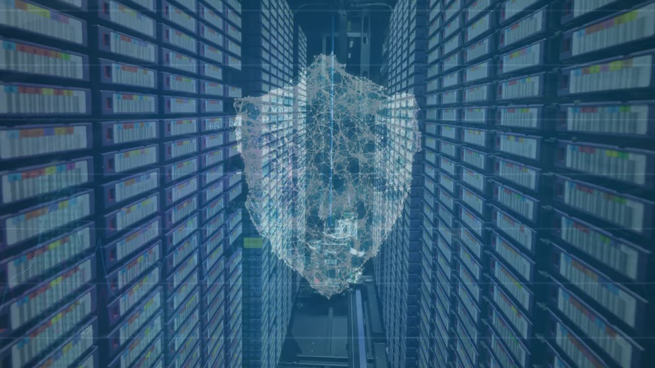 Animation of shield and data processing over computer servers
