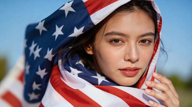 Leggera brezza che fa sventolare una bandiera americana, donna adulta avvolta nella bandiera che posa e tocca la bandiera al parco