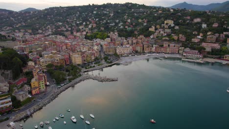 picturesque tourism town near portofino on italy coast at sunset - aerial