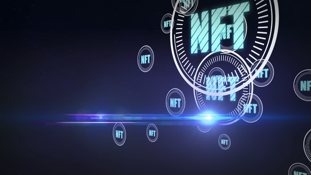 Animazione di simboli di criptovaluta NFT che si muovono su sfondo blu
