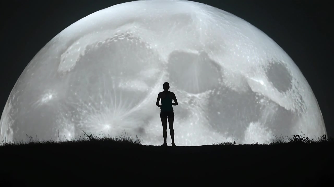 Figura in piedi in abiti sportivi che si sposta, camminando su un crinale erboso sotto la luna piena, all'inizio del video.
