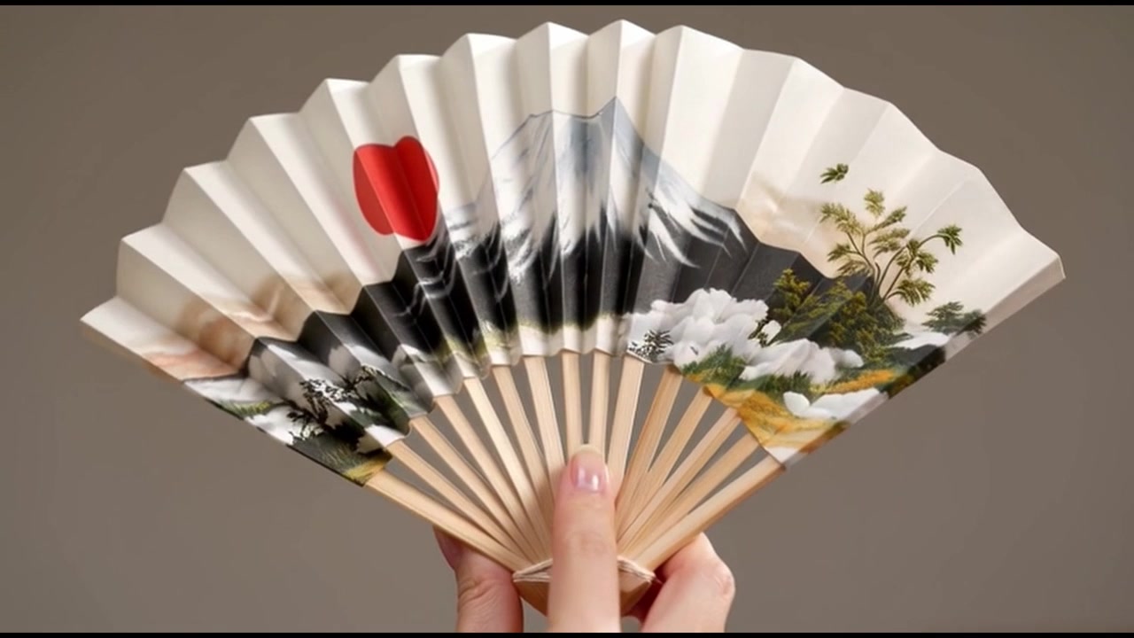 Mano abriendo un abanico plegable tradicional japonés con una ilustración del Monte Fuji