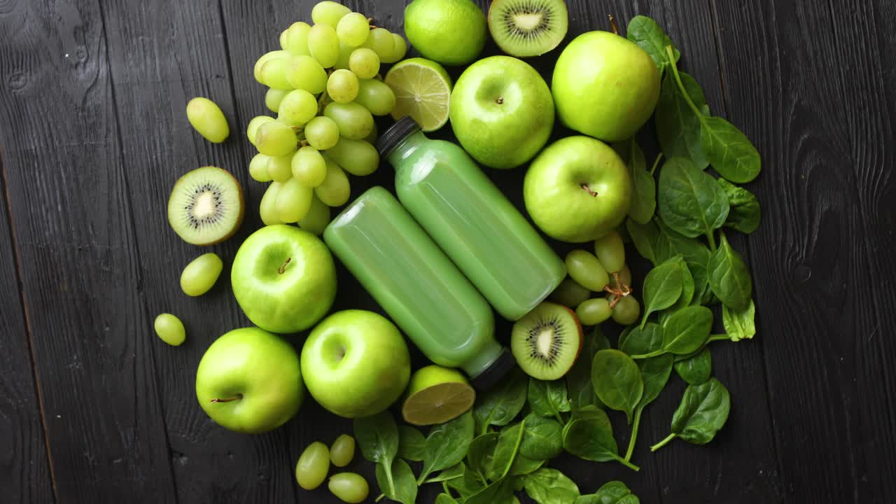 Frutta e verdura verde mista disposta su un tavolo di legno nero