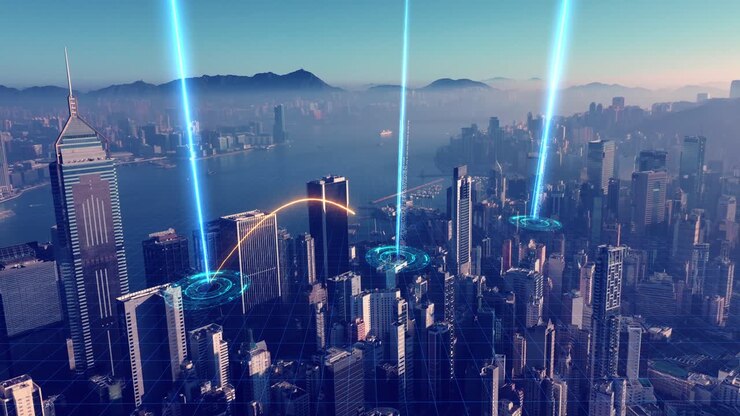 paisagem urbana de hong kong com sobreposição de rede futurista