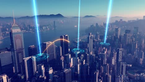 hongkongs stadtbild mit futuristischer netzwerküberlagerung