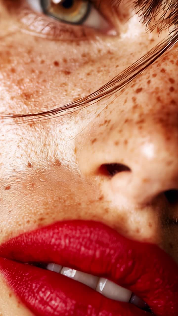 Close-up of a woman's freckled face featuring striking red lips and alluring features, capturing the essence of beauty and natural skin texture in vivid detail