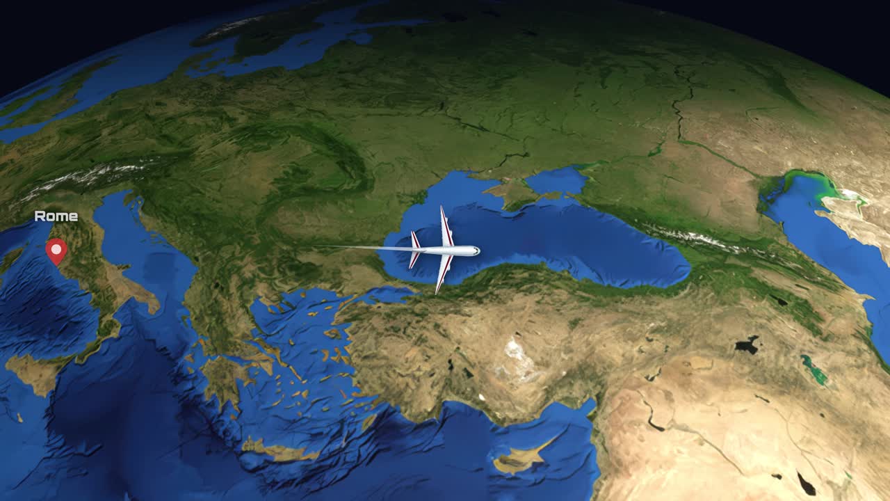 Satellite view animation follows a commercial airplane flying from Rome to Bangkok over diverse terrain