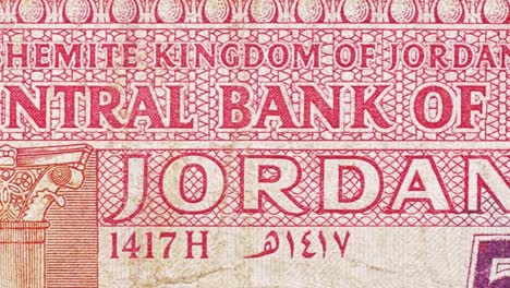 Close-up pan across “Central Bank of Jordan” with red intaglio patterns