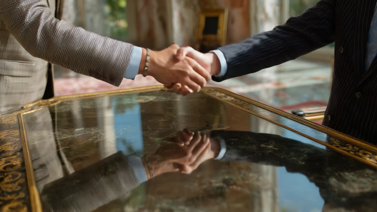 Stretta di mano d'affari su un tavolo