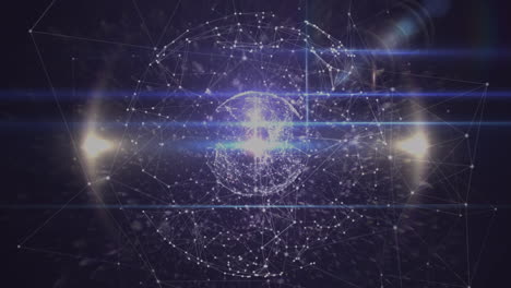 Animation of digital network connecting with lines forming globe rotating on black background