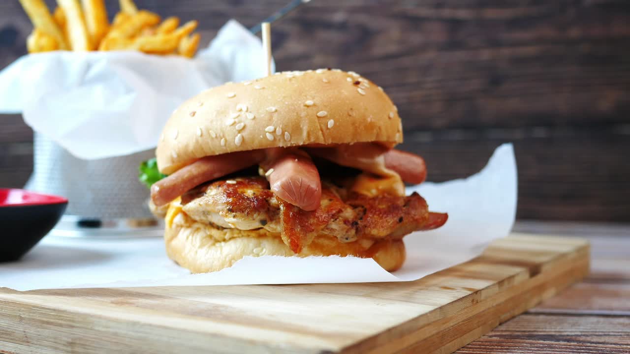una deliciosa hamburguesa de salchichas de pollo con papas fritas