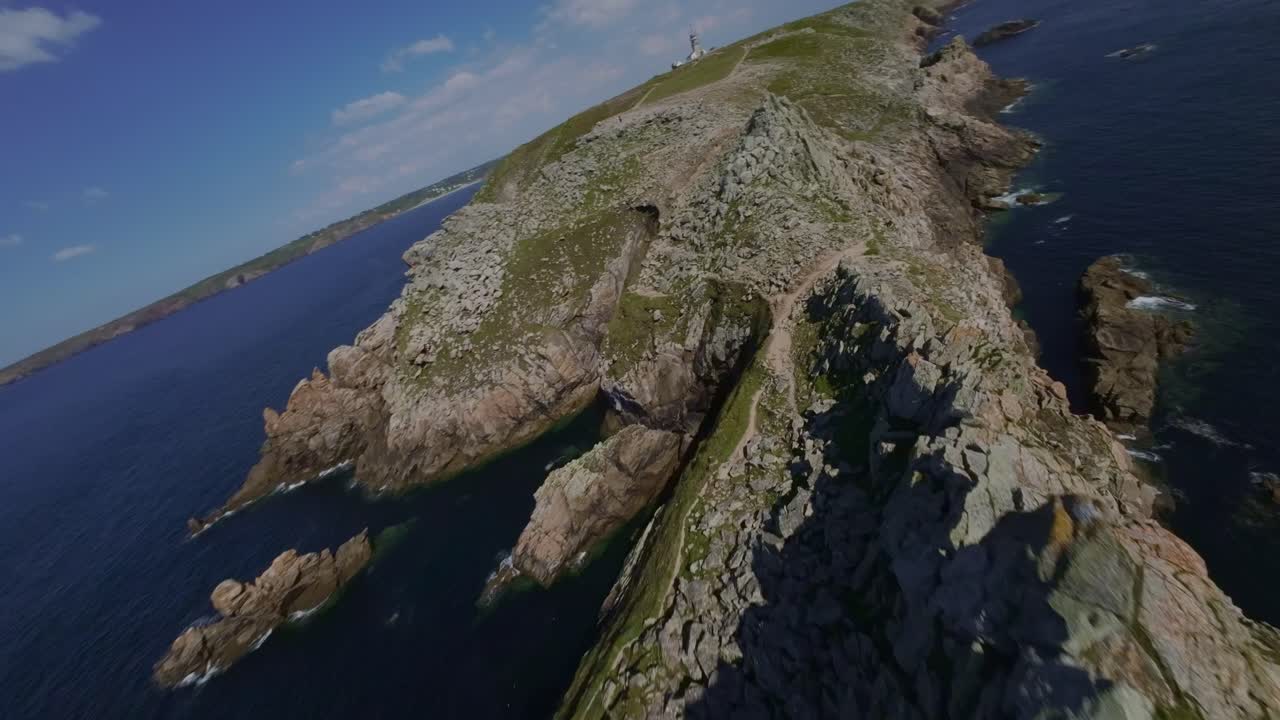 Fly Over Rugged Promontory Of Pointe du Raz From Western Brittany In France. FPV Shot