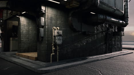 urban industrial corner with pipes and utilities at dusk near waterfront