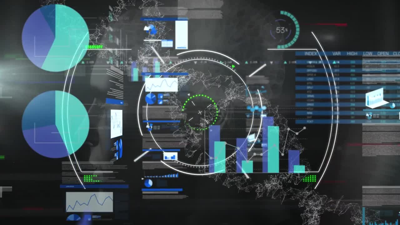 Animation of data processing over dark background