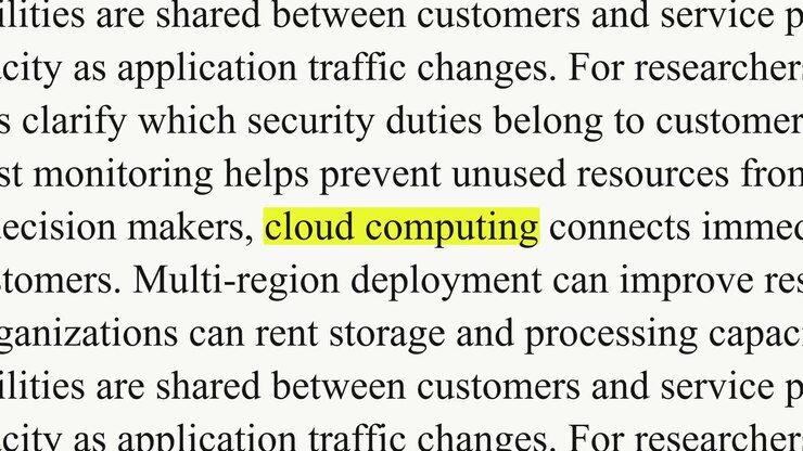 Cloud computing is highlighted in yellow as sections of black serif text shift, with paragraphs about servers, storage and resources filling a white background.