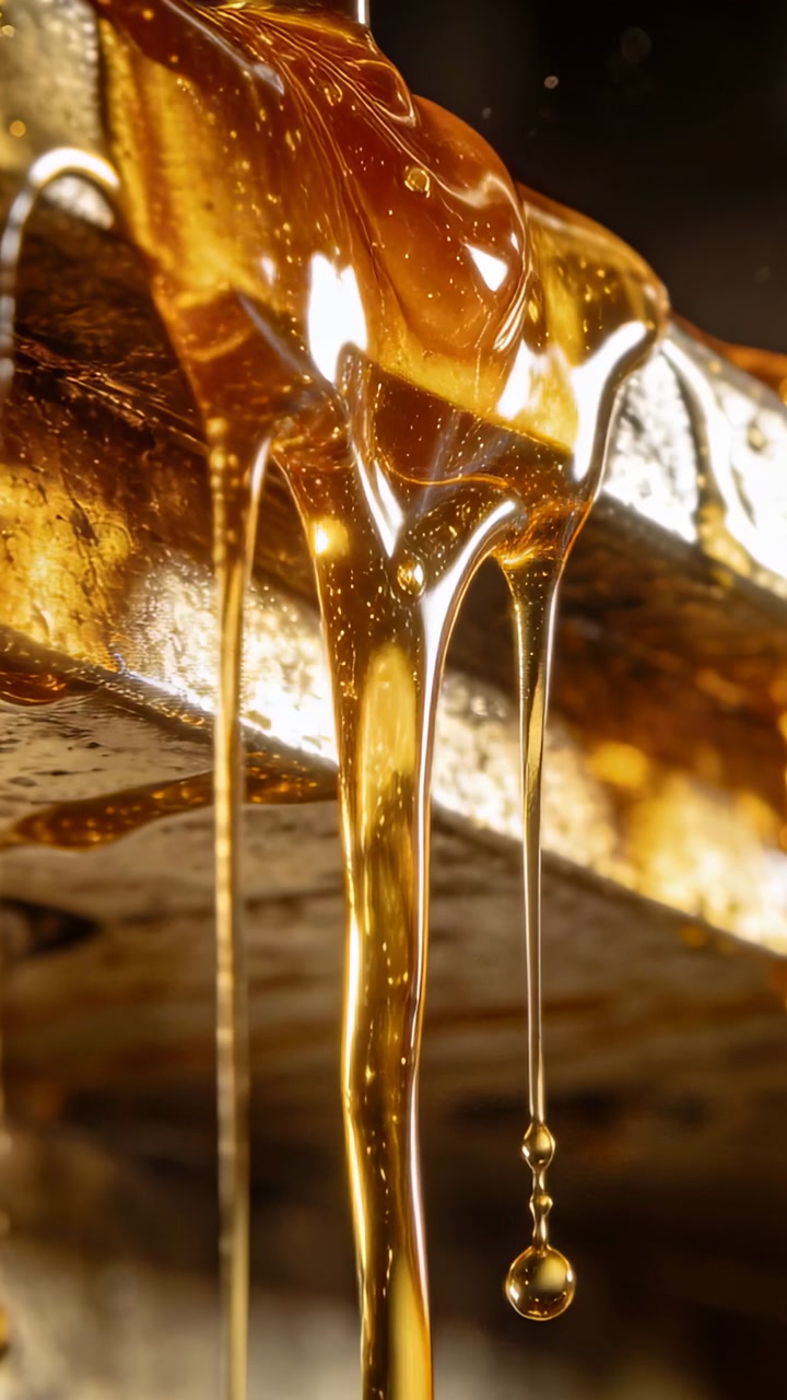 Vertical video: Pooling amber liquid bulging on ridged edge, gravity pulling strands into droplets