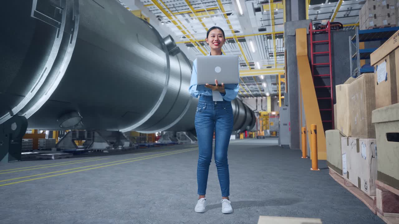mujer trabajando en una computadora portátil en una fábrica