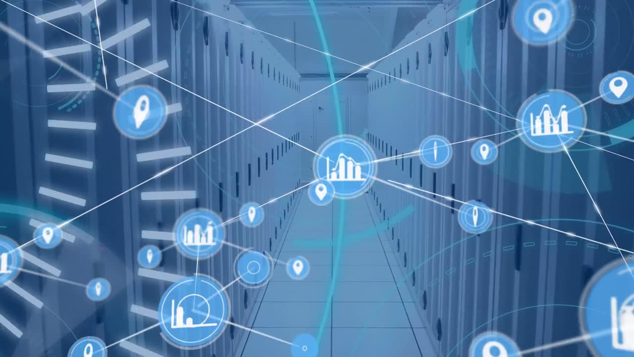 5g 텍스트 및 둥근 스캐너를 통해 컴퓨터 서버 방에 대한 디지털 아이콘 네트워크의 애니메이션