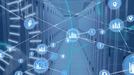 animation of network of digital icons over 5g text and round scanners against computer server room