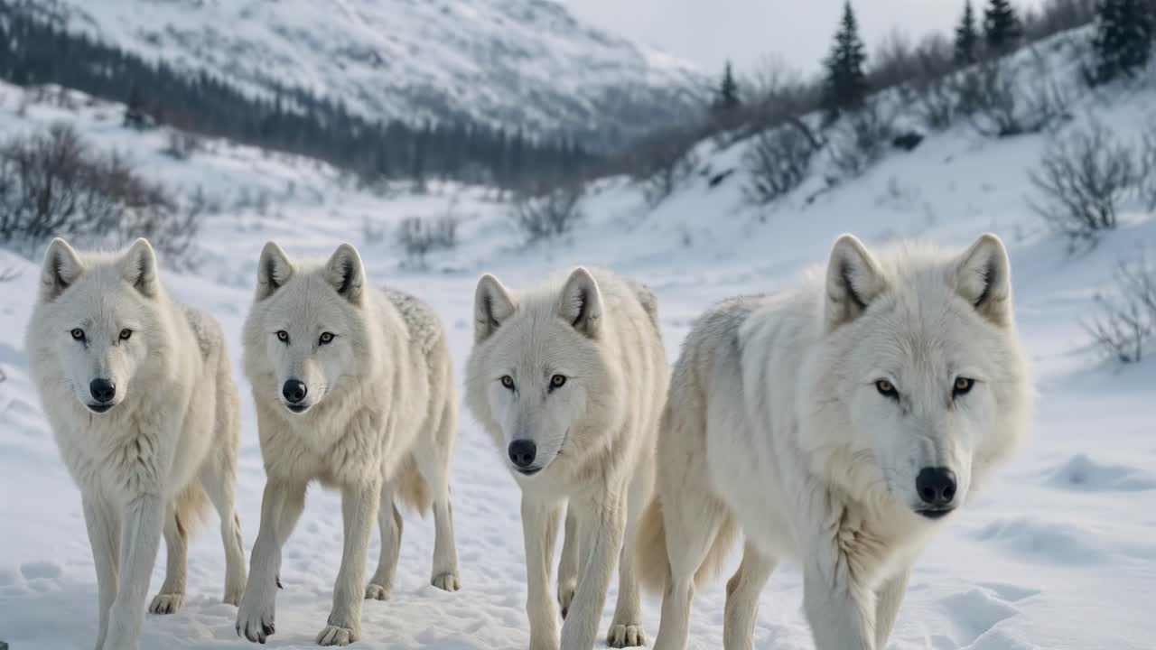 A captivating video still of four white wolves in a snowy landscape, captured from a low angle