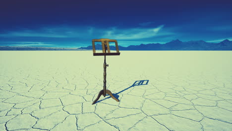 an old music stand is on white salt desert