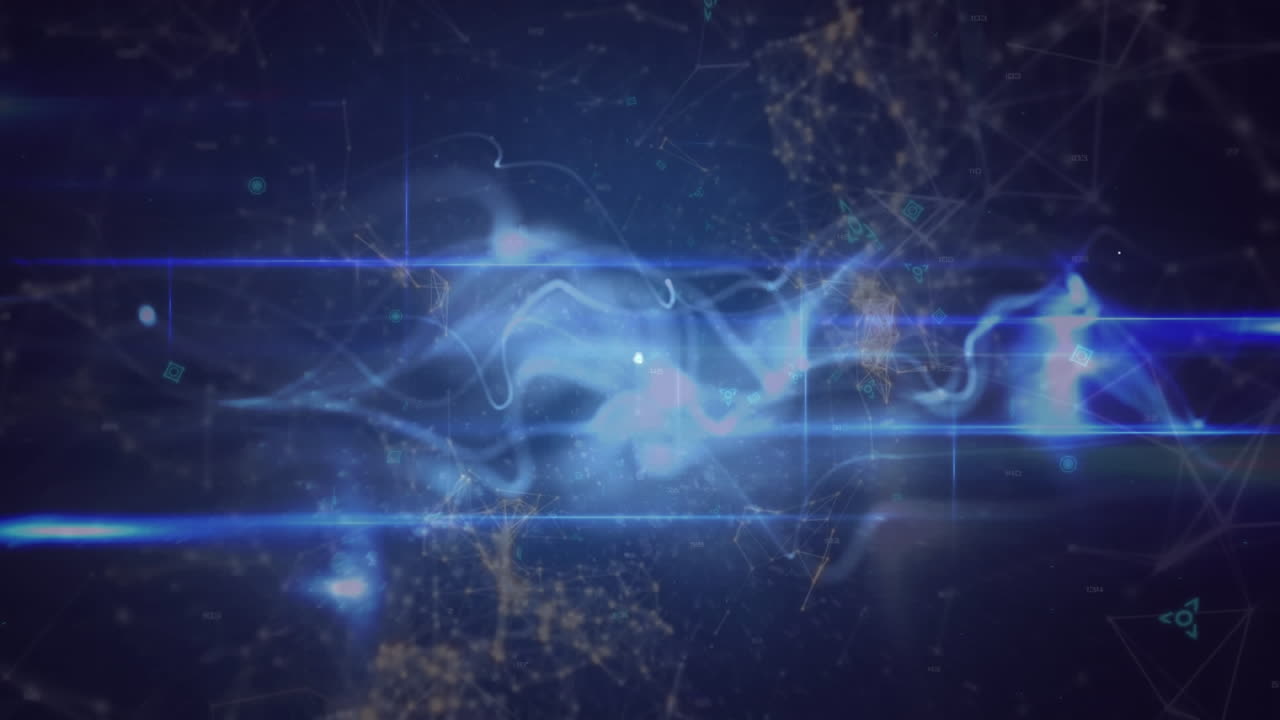 Animation of network of digital icons over digital waves and light trails against blue background