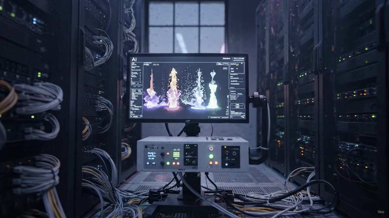 Exploring a High-Performance Data Center with Advanced Computing Infrastructure and AI Visualization Displaying Dynamic Digital Creations in a Modern Environment