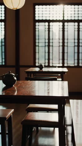 traditional tea room interior with steaming teapot