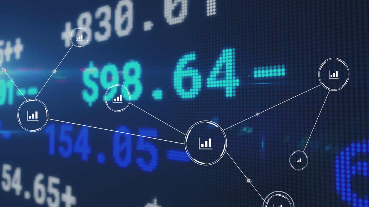 Animation of network of conncetions with icons over stock market