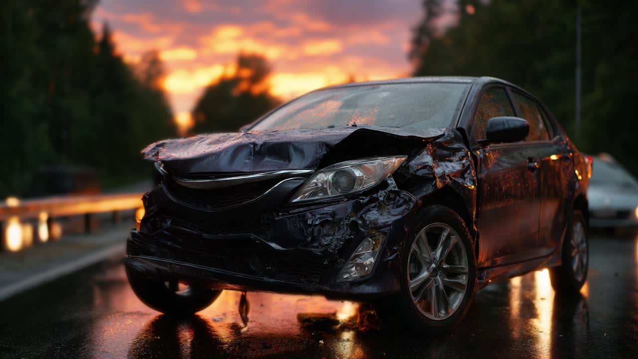 A somber scene depicting a severely damaged black car on a rainy road, illuminated by the warm glow of a sunset, highlighting the aftermath of an accident