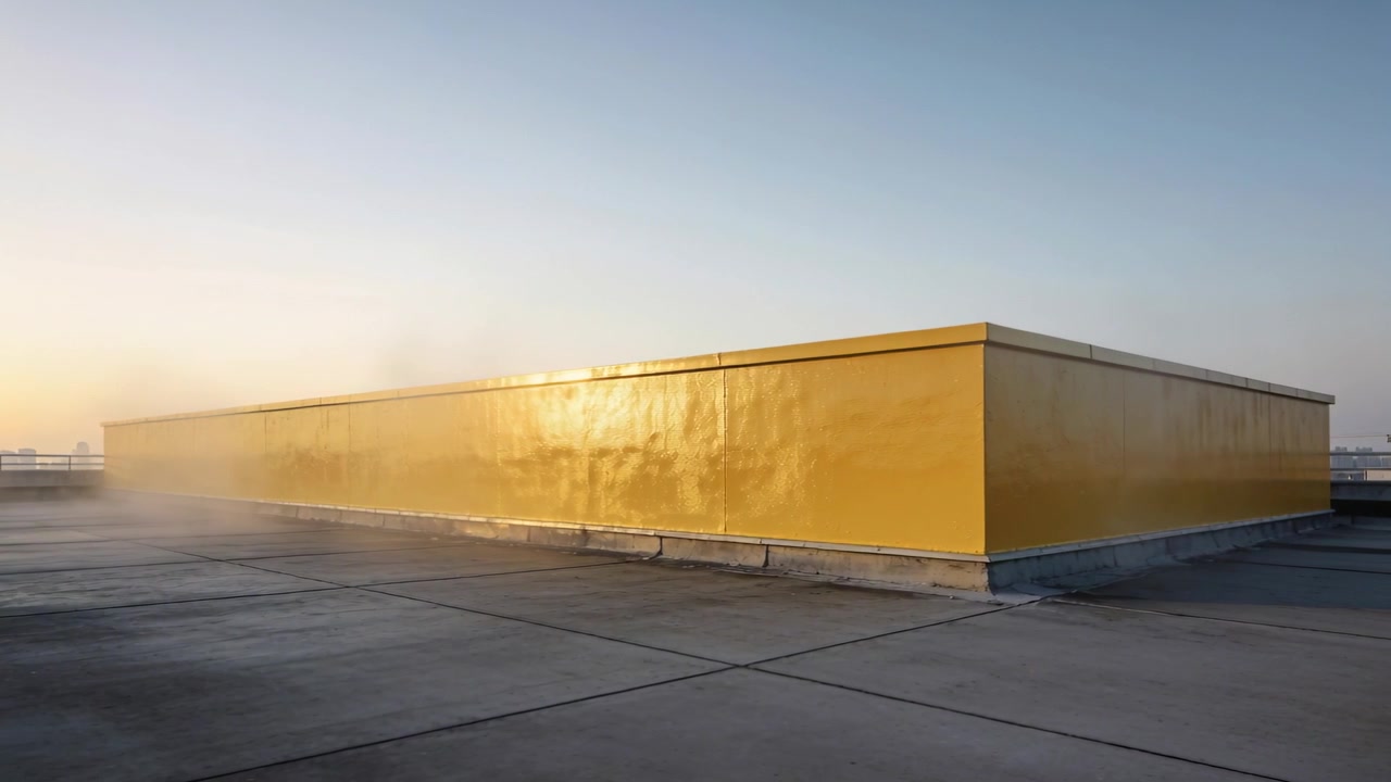 Luz solar calentando una larga estructura de techo amarilla sobre losas de hormigón, niebla a la deriva y despejándose