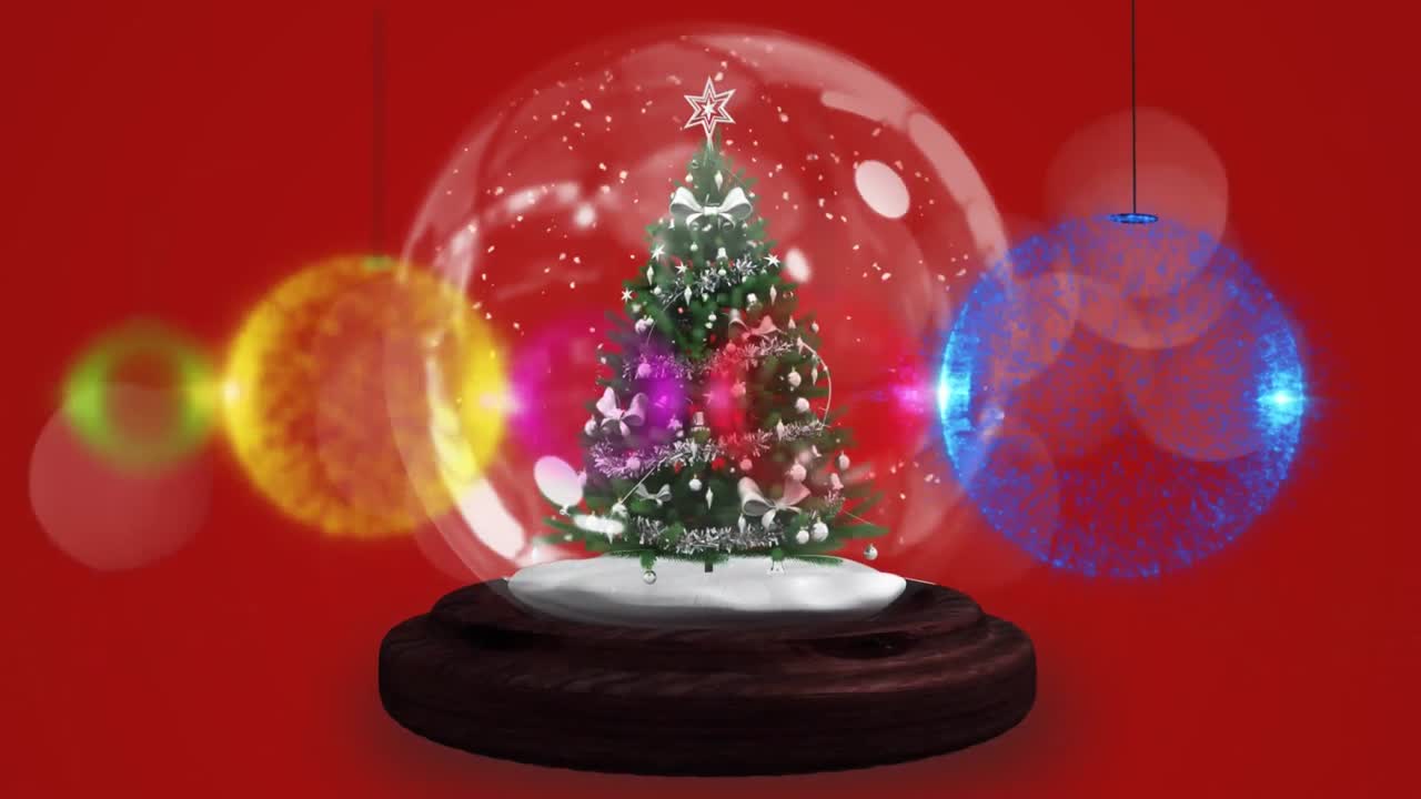 animación de bolas de navidad y globo de nieve sobre fondo rojo
