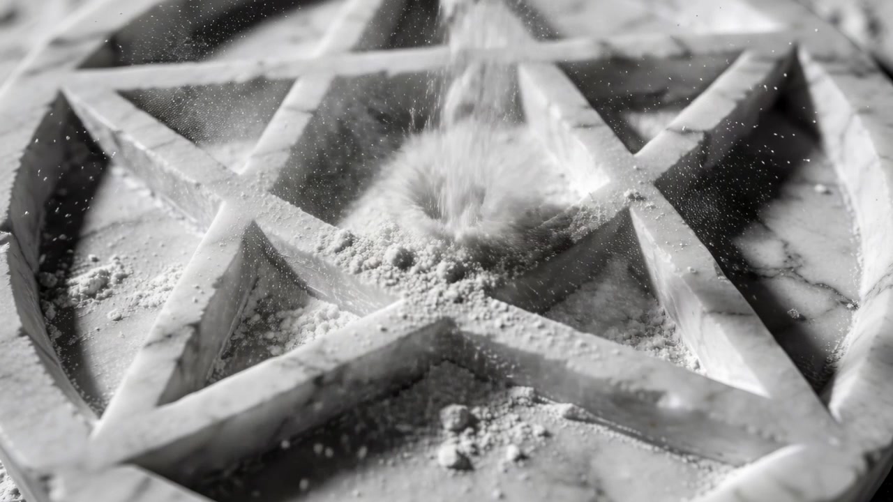 Polvere fine che cade, attivata da un soffio, formando un cumulo in uno stampo a pentagramma su pietra, riempiendo la cavità.