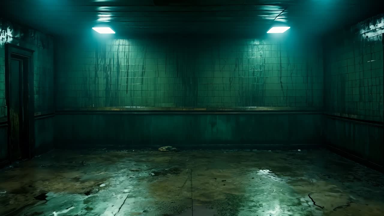 천장에 많은 불빛이 있는 어두운 방